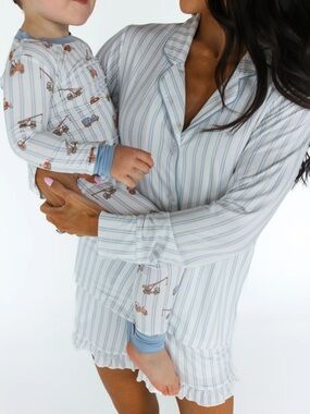 Light Blue Striped Women's Pajama Set with Ruffle Shorts